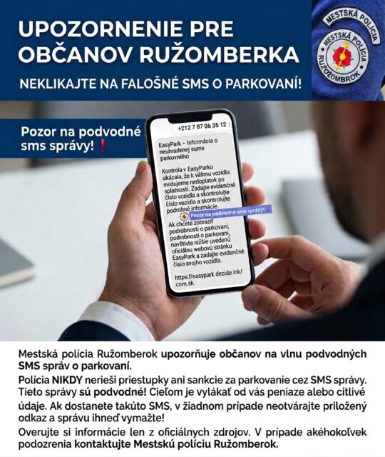 Pozor na podvody. V Ružomberku útočia falošné SMS o parkovaní a videá o dôchodku