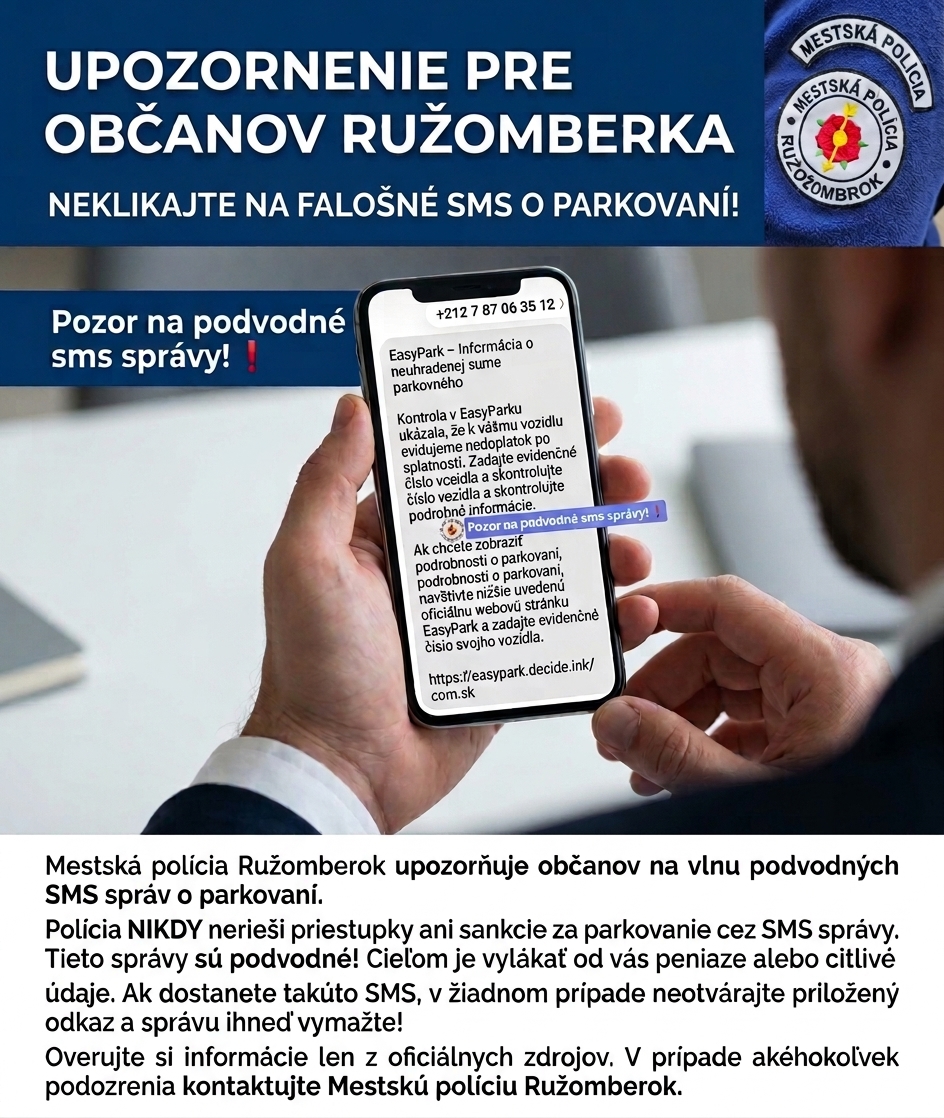 Pozor na podvody. V Ružomberku útočia falošné SMS o parkovaní a videá o dôchodku